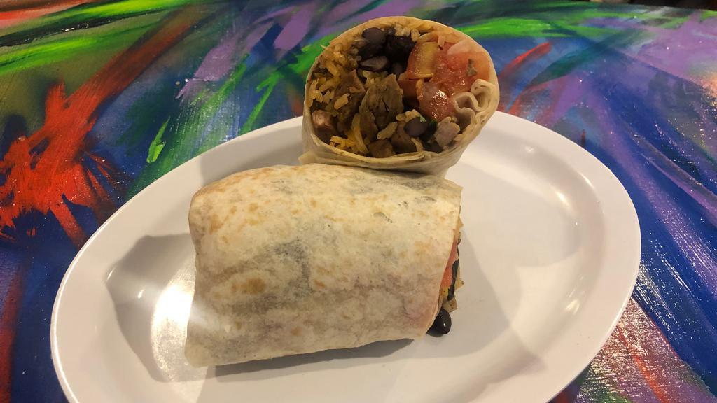 Regular Burrito · Medium sized burrito filled with your choice of meat and beans, rice, and pico de gallo.