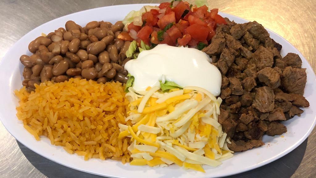 Burrito Bowl · A super burrito without the tortilla. Your choice meat and beans, with lettuce, rice, sour cream, pico de gallo.