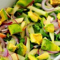 Ensalada Fresca · Mexican Kale Salad with assorted veggies, black beans, roasted pumpkin seeds, queso fresco, ...