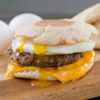 Meaty · A delicious meaty breakfast sandwich with scrambled egg, cheddar cheese and a choice of meat.