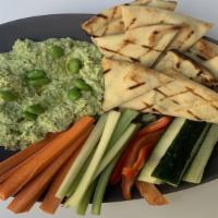 Edamame Hummus Plate · ~Vegetarian~ 
A fresh and delicious blended Edamame hummus platter, served with locally sour...