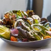 Fairchilds Chopped Salad · Fresh Romaine, grilled chicken, ripe avocado, heirloom baby tomatoes, edamame, pumpkin seeds...