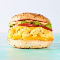 Spicy Avocadaddy · Egg, cheddar cheese, mashed avocado, sliced tomato, and spicy aioli on a toasted everything ...