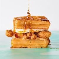 Chicken & Waffles Baby! · Ramen spiced fried chicken, egg, and miso butter on a crispy Belgian waffle, drizzled with h...