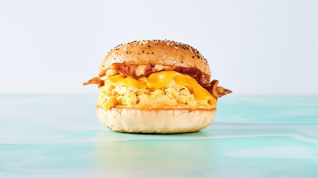 Basic B. · Bacon, egg, American cheese, and spicy aioli on a toasted everything bagel