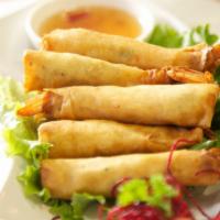 10. Koong Ket Keaw · 8 pieces. Marinated shrimp wrapped in egg roll skin and deep-fried. Served with sweet plum s...