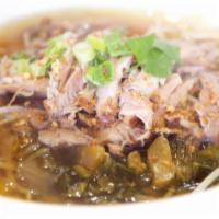92. Pork Leg Stew Noodle Soup · Specialty pork leg stew noodle soup with pickle mustard and bean sprout. Served with choice ...