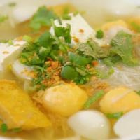 85. Tofu Fish Ball Noodle Soup · Noodle soup with tofu, shrimp balls, fish balls, and wonton. Served with choice of noodles.