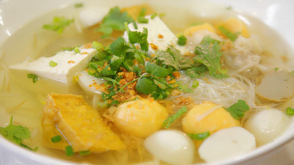 85. Tofu Fish Ball Noodle Soup · Noodle soup with tofu, shrimp balls, fish balls, and wonton. Served with choice of noodles.