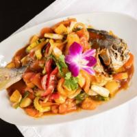 54. Pla Sam Rod · Deep-fried pompano fish topped with sweet and sour sauce.