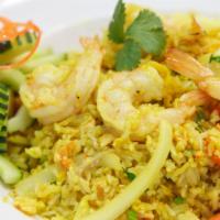 97. Kao Pad Koong Ga-Ree · Fried rice with yellow curry powder, shrimp, onions, celery, and egg.