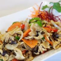 107. Pad King · Your choice of chicken, beef, or pork sautéed with ginger, onions, bell peppers, carrots, ja...