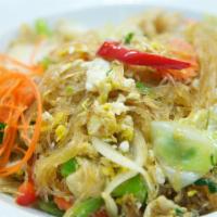 80. Pad Woon Sen Noodles · Stir fried silver noodles with Napa cabbage, tomatoes, celery, onions, egg, and your choice ...