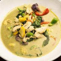 Green Curry. · Green chili, garlic, galangal, seasonal vegetables. *GLUTEN FREE NOT AVAILABLE* *Contains mu...