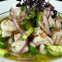 Ceviche Verde · Blanched Prawns, Salsa Verde, Lime Juice, Pepper, Cucumber, Chile Seeds, Red Onion & Habanero.