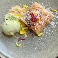 Baklava · Almonds, preserved lime syrup, and pistachio ice cream.
