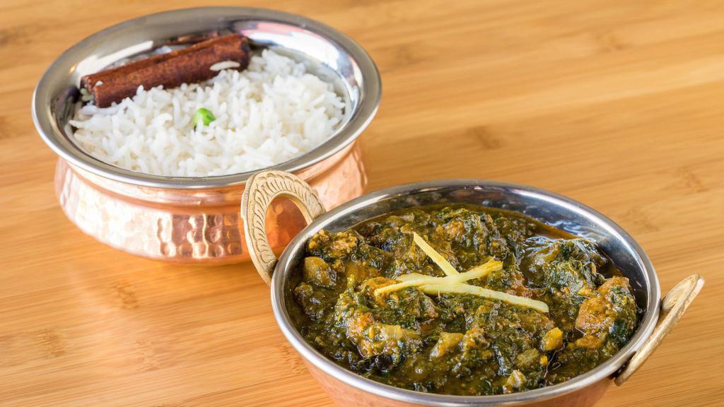 Chicken Saag · Boneless chicken thigh and finely chopped spinach cooked with homemade herbs and spices. Served with rice.