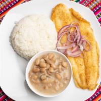 Fried Fish Filet · Fried fish filet served with rice, Peruvian beans and salad.