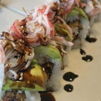 crab lover roll · soft shell crabs inside, topped with avocado and crab meat