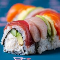 Rainbow Roll · Kanikama, Yellowtail, King Salmon, Ahi Tuna, Avocado, Cucumber, Sesame Seeds, Sushi Rice, No...