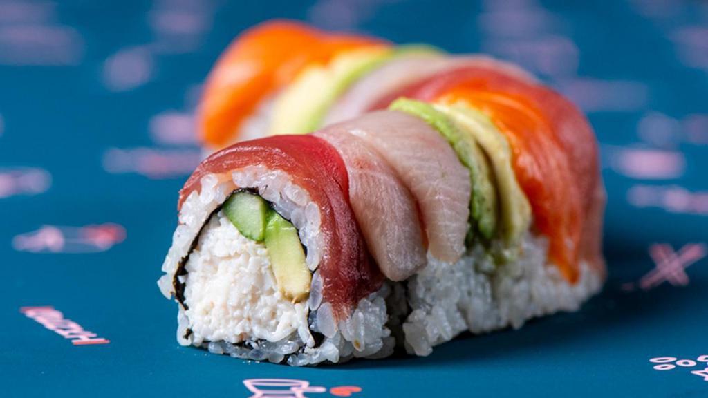 Rainbow Roll · Kanikama, Yellowtail, King Salmon, Ahi Tuna, Avocado, Cucumber, Sesame Seeds, Sushi Rice, Nori, 8 pieces only