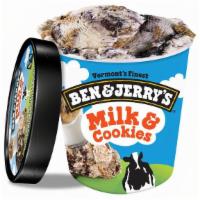 Ben & Jerry's Milk & Cookies Ice Cream Pint · Vanilla Ice Cream with a Chocolate Cookie Swirl, Chocolate Chip & Chocolate Chocolate Chip C...
