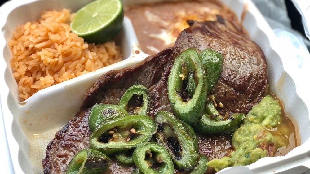 Carne Asada Plate · Grilled steak with onions. Includes rice & beans.