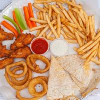 Sampler Platter · Hot wings, quesadilla, onion rings, & fries.