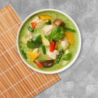 Green Curry Chicken · Green curry; chicken in green curry sauce, coconut milk, eggplant, Thai basil and bell peppe...
