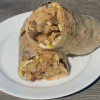 Breakfast Burrito · Choice of meat with eggs, potatoes, cheese.