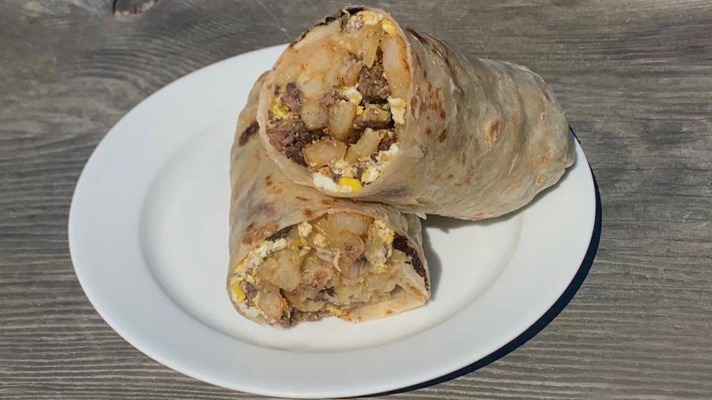Breakfast Burrito · Choice of meat with eggs, potatoes, cheese.