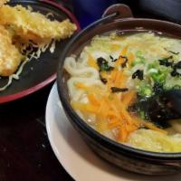 Tempura Udon · Thick white noodle in broth with vegetable, tempura veggie/shrimp, onion, seaweed.