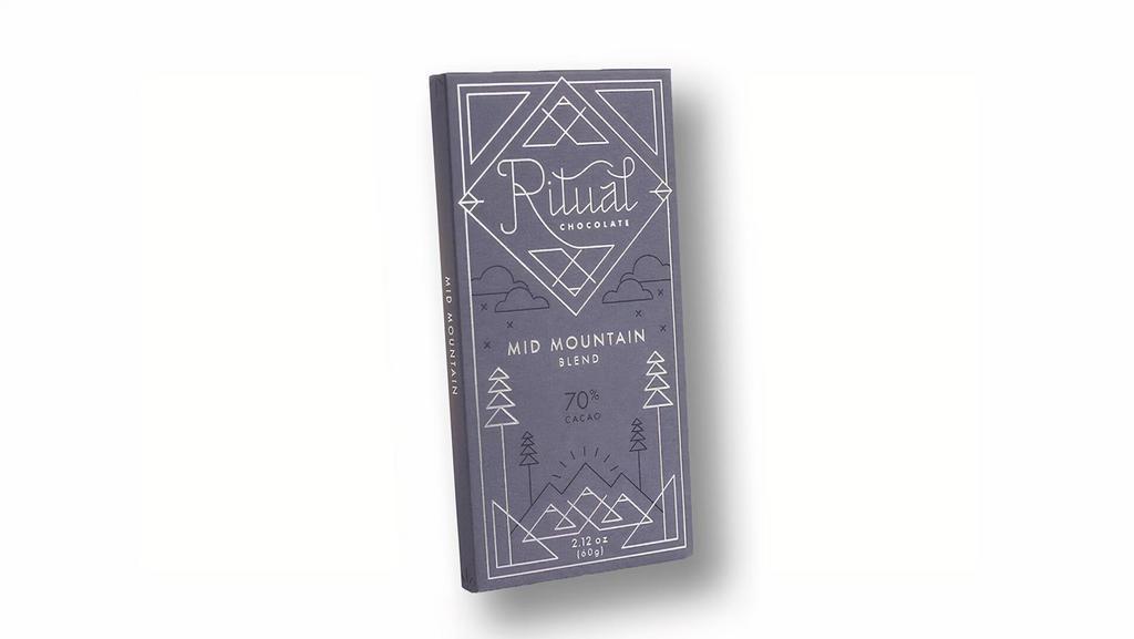 Ritual Chocolate Mid Mountain Blend 70% Dark · A balanced blend of all the Ritual origins. Our goal was to highlight subtle tasting notes from each bean. Fruity, nutty, earthy, chocolatey, floral- it's all here. Tasting Notes: Strawberry, Fudge & Graham Cracker. 2018 Silver At The Academy Of Chocolate Awards. 2016 Good Food Awards Winner. 2016 Gold At The Academy Of Chocolate Awards.