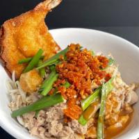 Gai Lo Mein · Egg noodles, chicken, fish balls, chicken skins, shrimp chip, bean sprouts, egg, crispy shal...