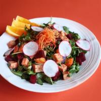 Beet Salad · Smoked beets, arugula, sliced orange, tofu, yuzu reduction gluten free available; cross cont...