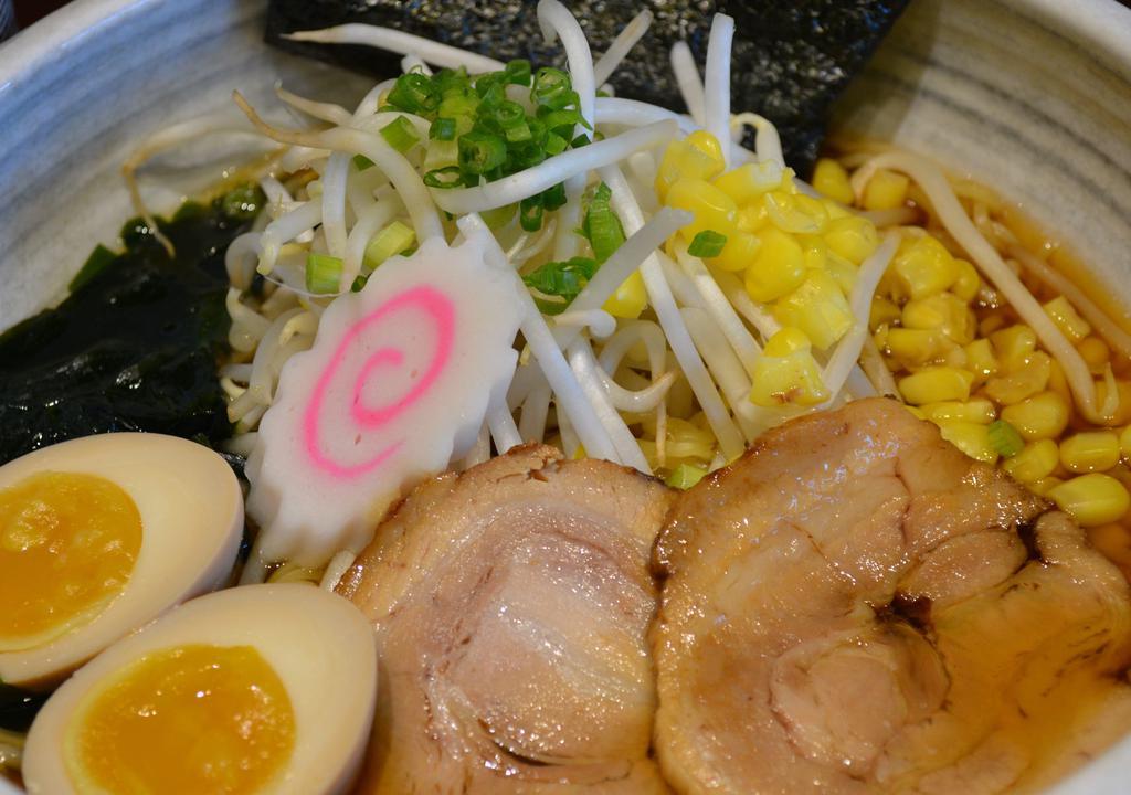 Ramen Noodles · Include slow cooked Berkshire pork bellies, soy-marinated soft egg, sweet yellow corn, fresh mung bean sprouts, seaweed, scallions and Naruto fish cake.