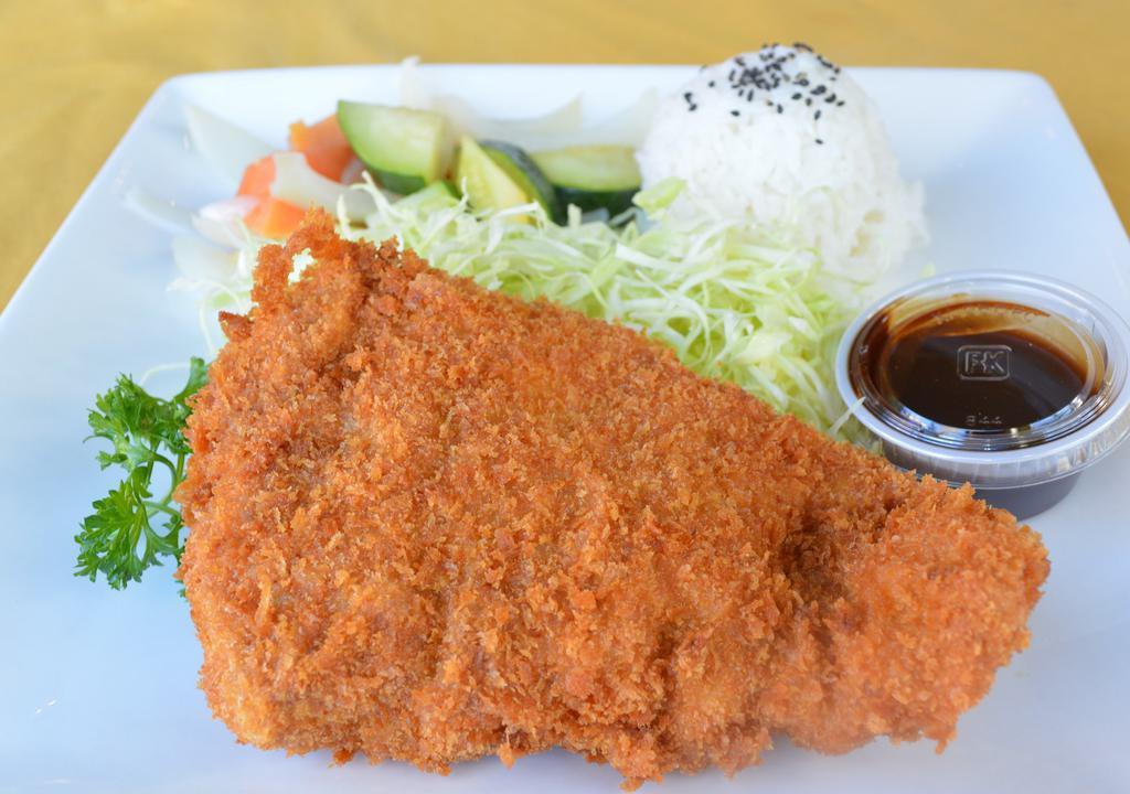 Miso-Katsu Pork · Deep-fried panko breaded pork with Mitama original miso glaze sauce, served with sautéed vegetables & rice.