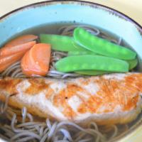 Salmon Soba · Soba noodles and broth with grilled salmon and vegetables.