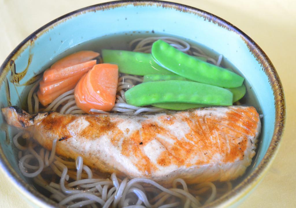 Salmon Soba · Soba noodles and broth with grilled salmon and vegetables.