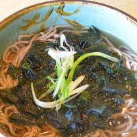 Wakame Soba  · Soba noodles and broth with seaweed and scallion.
