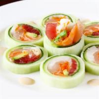 Cucumber Sashimi Roll · Hamachi, maguro, sake and avocado wrapped in a thin cucumber slice.