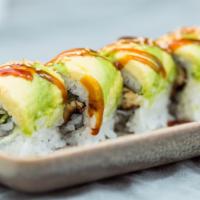 Caterpillar Roll · Unagi and cucumber, topped with avocado and sesame seed.
