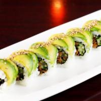 Veggie Caterpillar Roll · Shiitake mushrooms and cucumber, topped with avocado and sesame seed.