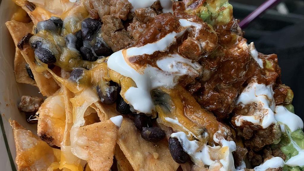Double Decker Nachos · Two layers of house made tortilla chips and 4 types of cheese topped with green and red salsas, crema, guacamole, and black beans. Add grilled chicken, carne asada, al pastor or carnitas for an additional charge.