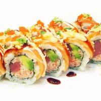 Red Bull Roll · Spicy tuna and crab meat Roll with Salmon and avocado on the top.