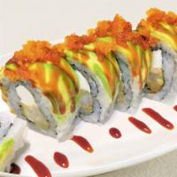 Green Dragon Roll · Shrimp tempura and cream cheese, avocado on top with eel sauce and masaga on top. 650 Cal.