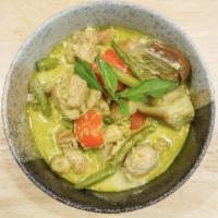 Thai Green Curry  Rice · Green Curry w/ Onion, Mixed Peppers, String Beans, Eggplant & your option of Protein.
