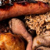 Hand Full (5 Meats) · Ribs, chicken, tri tip, pork, hot links.
