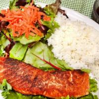 Salmon Teriyaki · roasted salmon, teriyaki sauce,rice and house salad