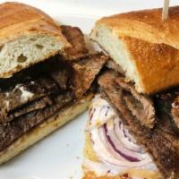 Tri Tip · sliced tri tip,mayo,red onion on french roll with potato chip